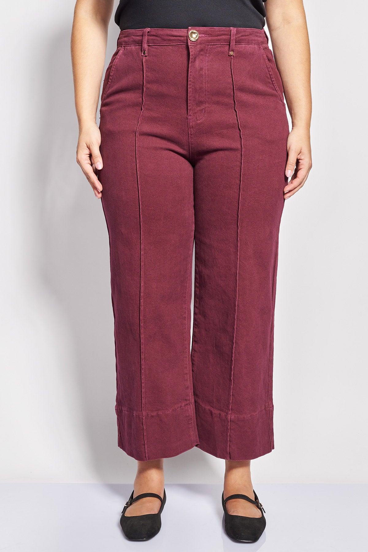 Τζιν παντελόνι cropped wide leg με νερβίρ μπροστά - Μπορντω