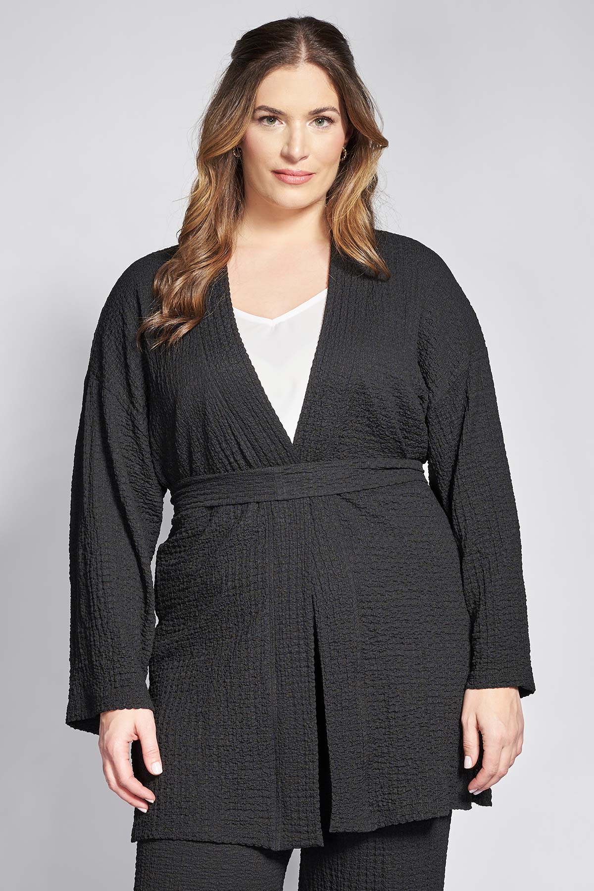 Seersucker jersey kimono with belt - Black