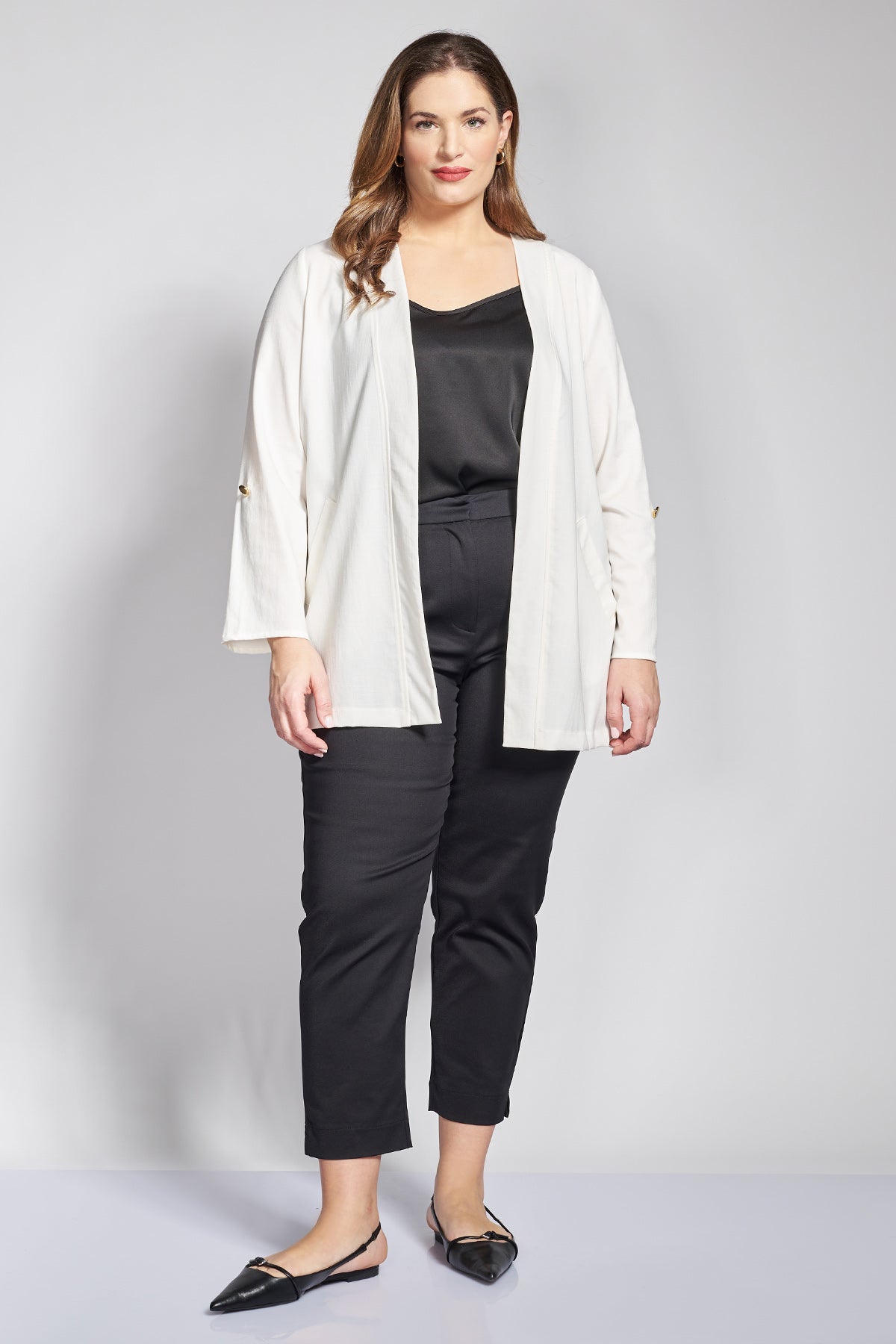 Open front blazer with rolled-up sleeves - White