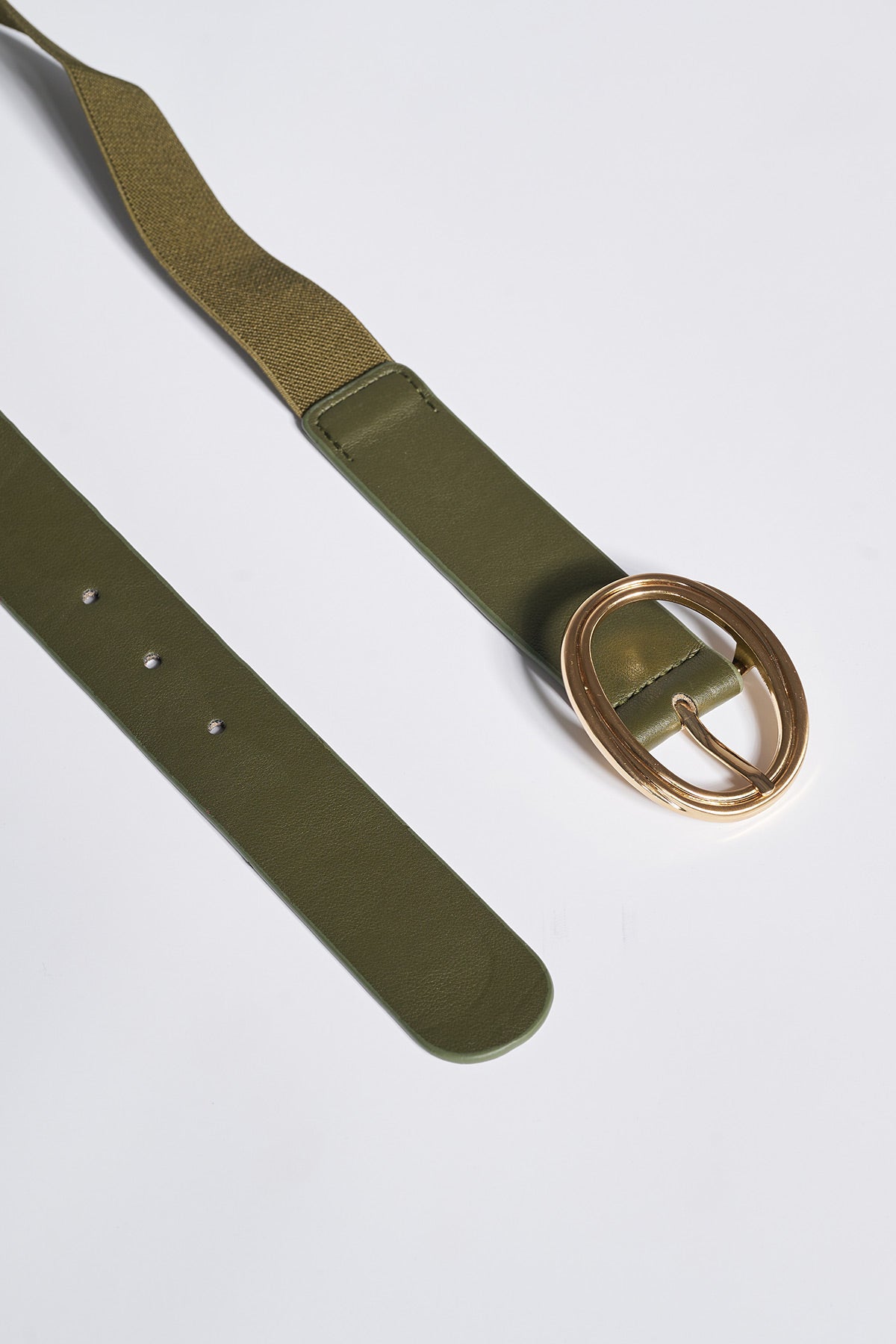 Elastic belt with leatherette and buckle - Olive Green