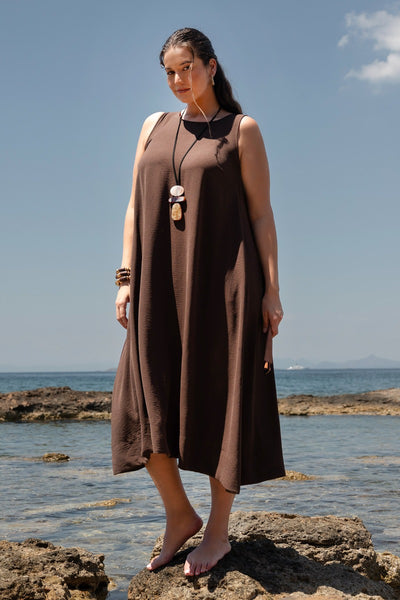 Μάξι αμάνικο φόρεμα washed με στρογγυλή λαιμόκοψη - Καφέ