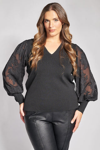 Knit top with sheer sleeves and embossed floral design - Black