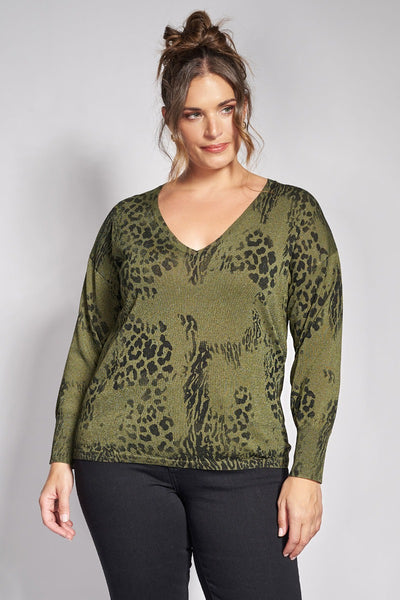 Μπλούζα λεπτή πλεκτή lurex με animal print - Χακί