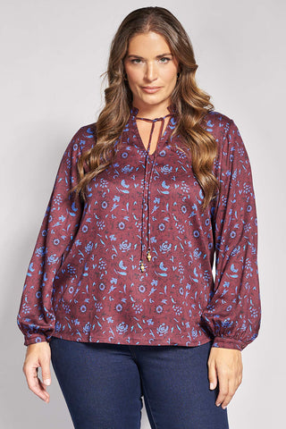 Rayon floral blouse with V-neckline and drawstrings - Bordeaux