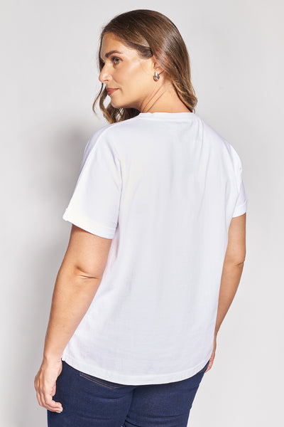 T-shirt βαμβακερό με κεντητά λουλούδια - Άσπρο
