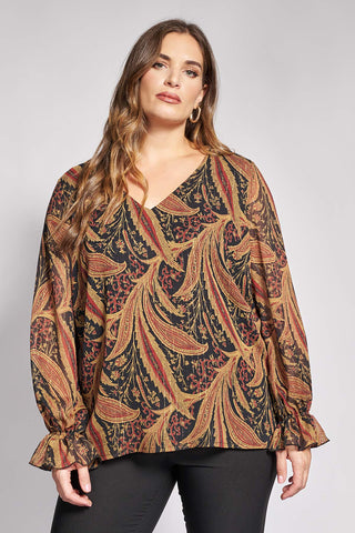 Paisley print chiffon blouse with V neck - Black