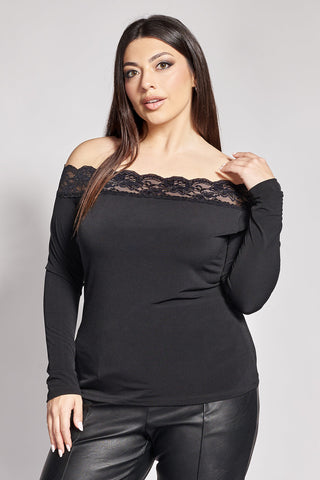 Off-Shoulder Ζέρσεϊ Μπλούζα με Δαντέλα - Μαύρο