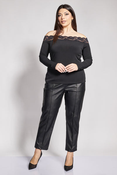 Off-Shoulder Ζέρσεϊ Μπλούζα με Δαντέλα - Μαύρο