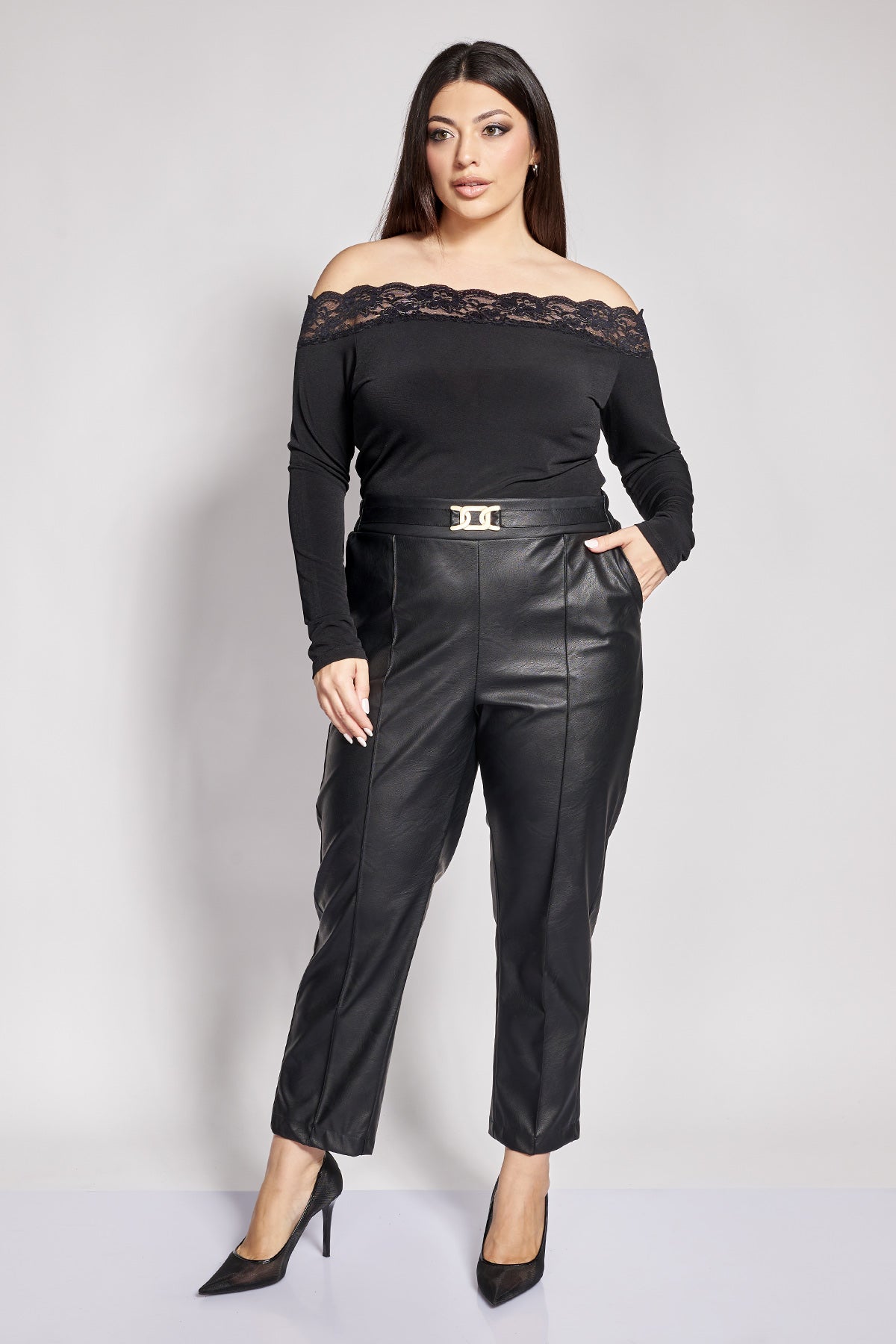 Off-Shoulder Ζέρσεϊ Μπλούζα με Δαντέλα - Μαύρο