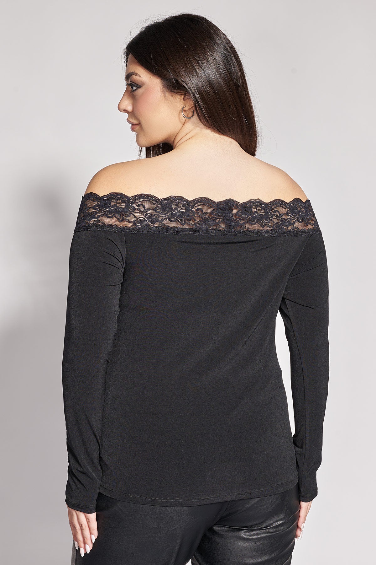 Off-Shoulder Ζέρσεϊ Μπλούζα με Δαντέλα - Μαύρο