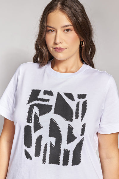 Βαμβακερό t-shirt με γεωμετρική abstract στάμπα - Άσπρο