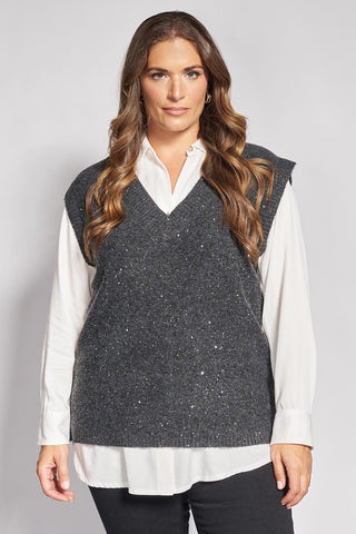 Sleeveless knit vest with metallic lurex details - Charcoal Grey