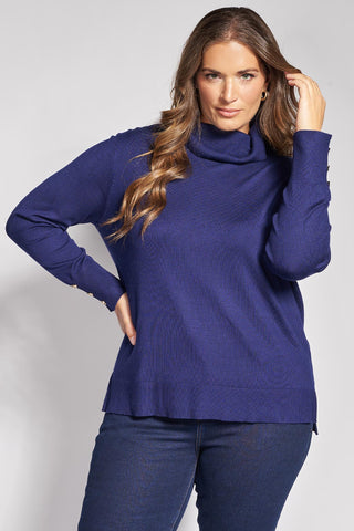 Knit turtleneck top with decorative sleeve buttons - Blue