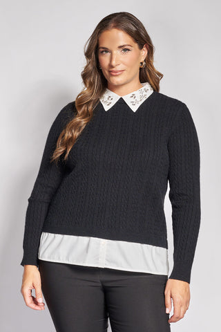 Knit Sweater with Embellished Shirt Collar - Black