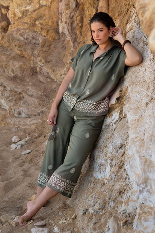 Cropped linen-blend trousers with embroidery - Khaki