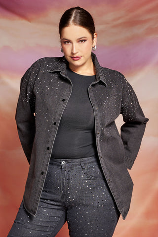Τζιν overshirt jacket σε άνετη γραμμή με διακοσμητικά στρας - Ανθρακί