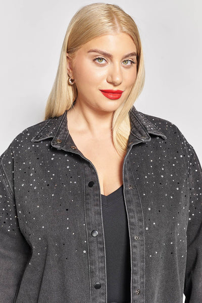 Τζιν overshirt jacket σε άνετη γραμμή με διακοσμητικά στρας - Ανθρακί