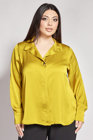 Satin shirt with V-neckline lapel collar - Olive Green