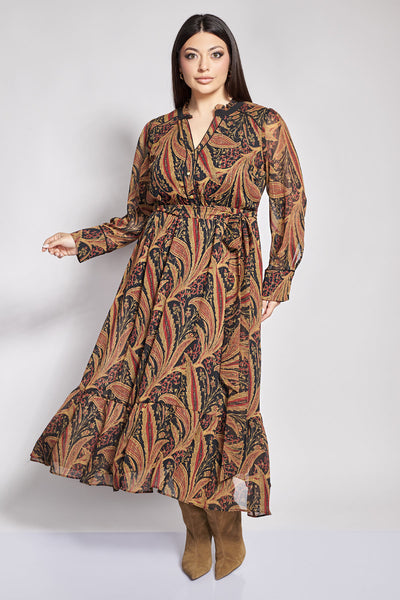 Μίντι Φόρεμα Chiffon με Μοτίβο Λαχούρια και Βολάν - Μαύρο