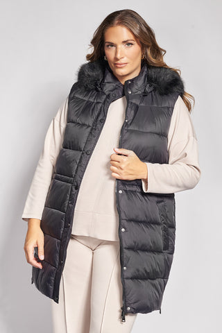 Long sleeveless padded jacket with faux fur hood - Black