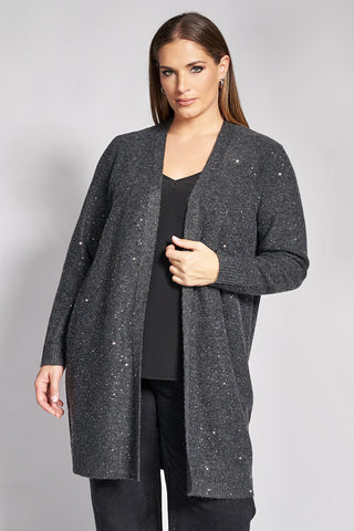 Long Sequin-Embellished Knit Cardigan - Charcoal Grey