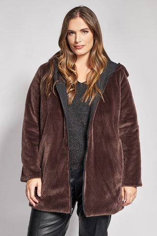Reversible Hooded Jacket with Faux-Fur Side - Black