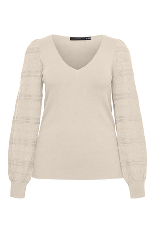 Fine-knit V-neck top with pointelle-detailed balloon sleeves - Ecru