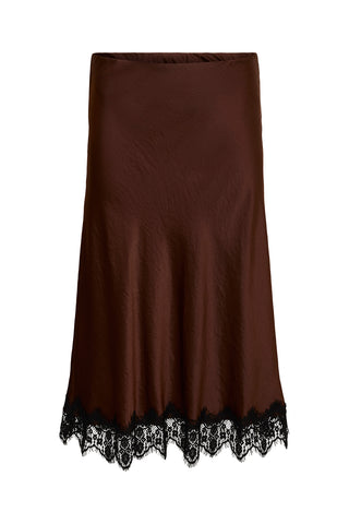 Satin Midi Skirt with Lace Trim Hem VERO MODA - Brown