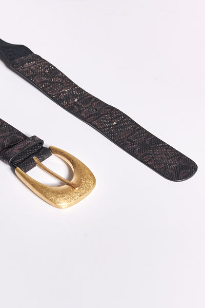 Ελαστική Ζώνη Δερματίνη με Snake Print και Χρυσή Αγκράφα - Καφέ
