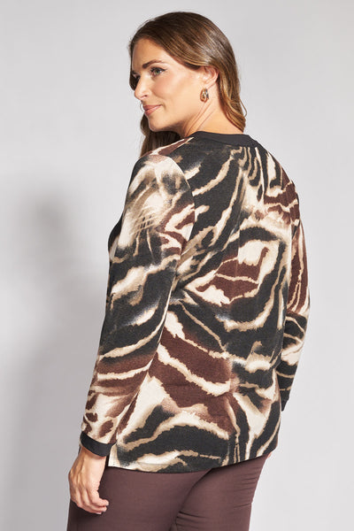 Μπλούζα με αφηρημένο animal print και μεταλλικά κουμπιά - Μαύρο