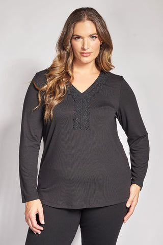 V neckline blouse with embroidered lace placket - Black