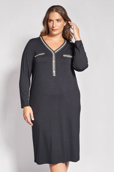 Μίντι Φόρεμα με V και τσεπάκια σε διχρωμία - Μαύρο