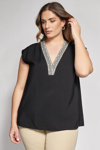 Sleeveless top with embroidered v-neckline - Black