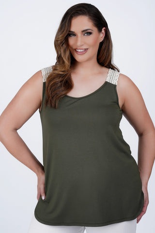 Sleeveless top with lace strap details - Olive Green