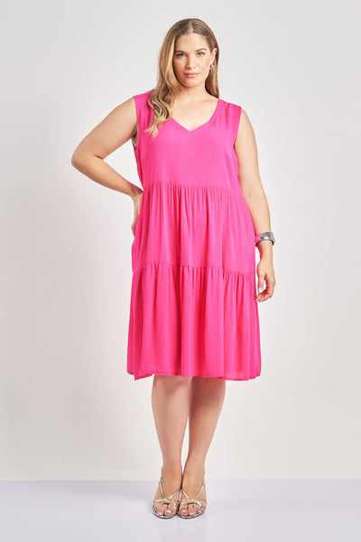 Sleeveless midi crinkled viscose dress - Fuchsia