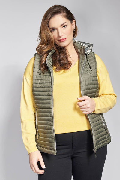 Sleeveless quilted jacket with striped hood - Khaki