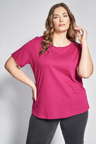 Basic short-sleeved cotton slub round-neck blouse - Fuchsia