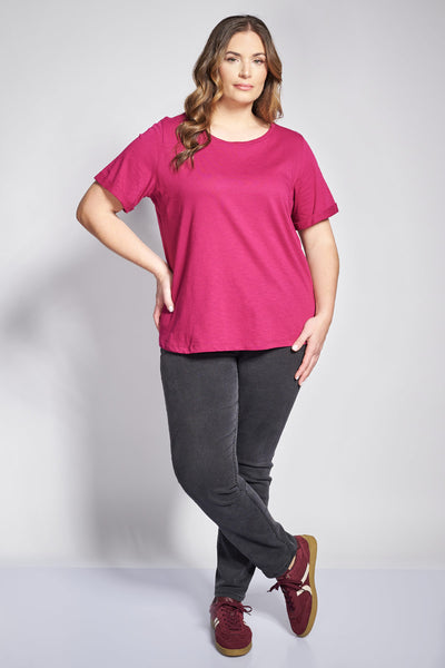 Basic short-sleeved cotton slub round-neck blouse - Fuchsia