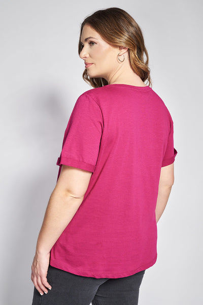 Basic short-sleeved cotton slub round-neck blouse - Fuchsia