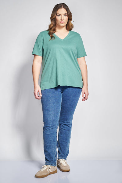 Basic short-sleeved A-line cotton slub blouse - Khaki