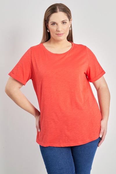 Basic cotton blouse short sleeves with turn-ups - Coral