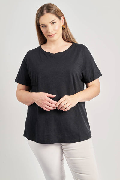 Basic βαμβακερή μπλούζα κοντομάνικη με ρεβέρ - Μαύρο