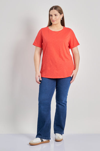 Basic cotton blouse short sleeves with turn-ups - Coral