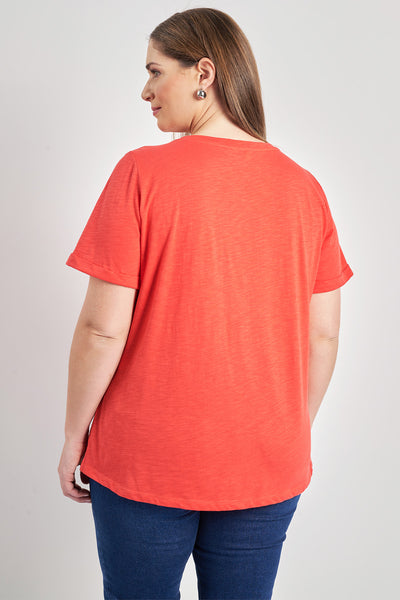 Basic cotton blouse short sleeves with turn-ups - Coral