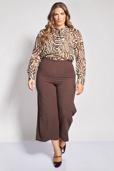 Cropped κρεπ παντελόνα wide leg - Καφέ