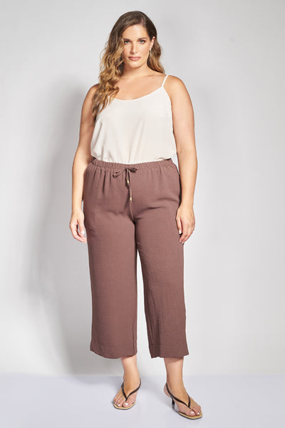 Cropped Παντελόνα με Ανάγλυφη Υφή Washed - Καφέ