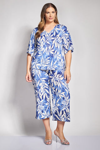 Cropped culottes in a relaxed fit with a tie-dye effect and a leaf pattern - Blue
