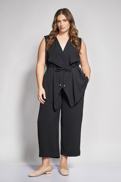 Washed Textured Cropped Wide-Leg Trousers - Black