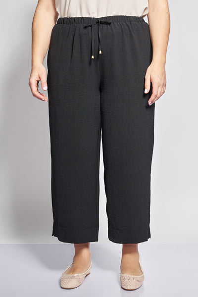 Washed Textured Cropped Wide-Leg Trousers - Black