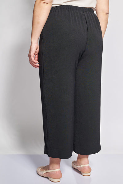 Washed Textured Cropped Wide-Leg Trousers - Black